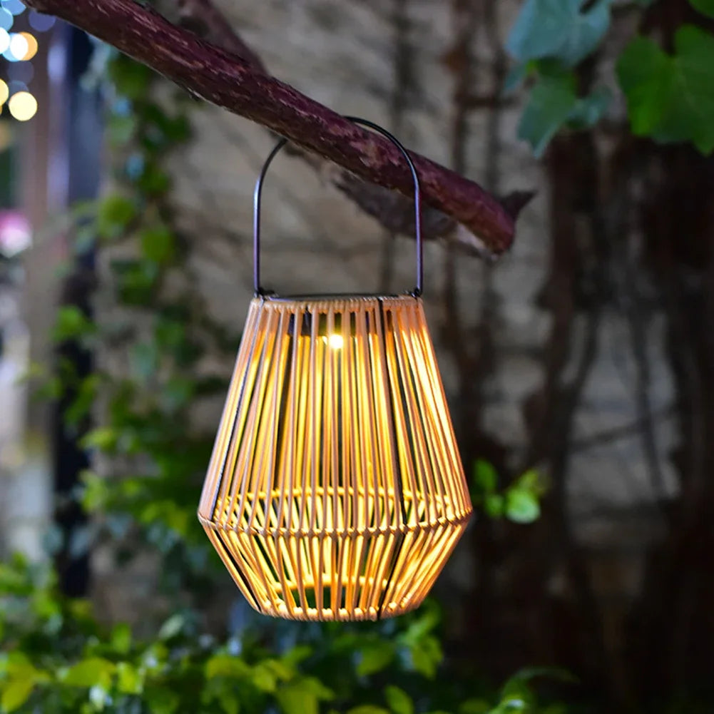 Outside Big Rattan Solar Light IP65 Waterproof Hanging/Standing Retro Rattan Solar Light with Handle for Garden Yard Patio Porch