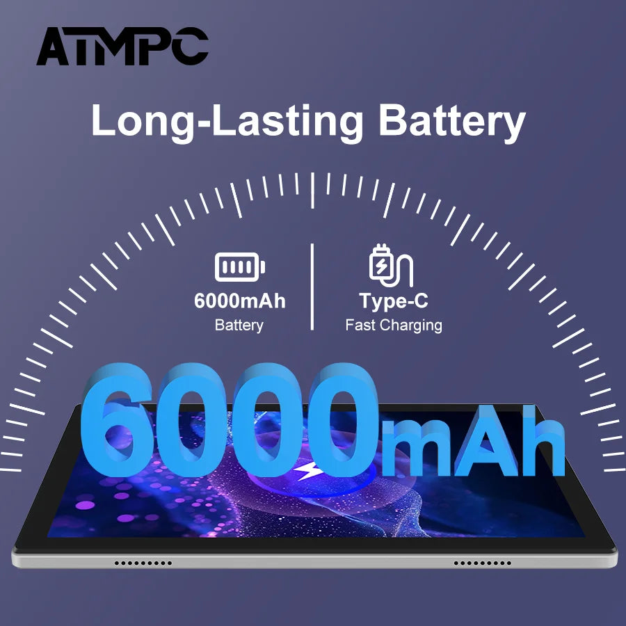 ATMPC 10.1 Inch Android 14, 12GB RAM, 128GB ROM, Octa-Core, BT 5.4, WIFI 6, With Keyboard, Mouse, Case, Stylus 2 In 1 Tablet PC