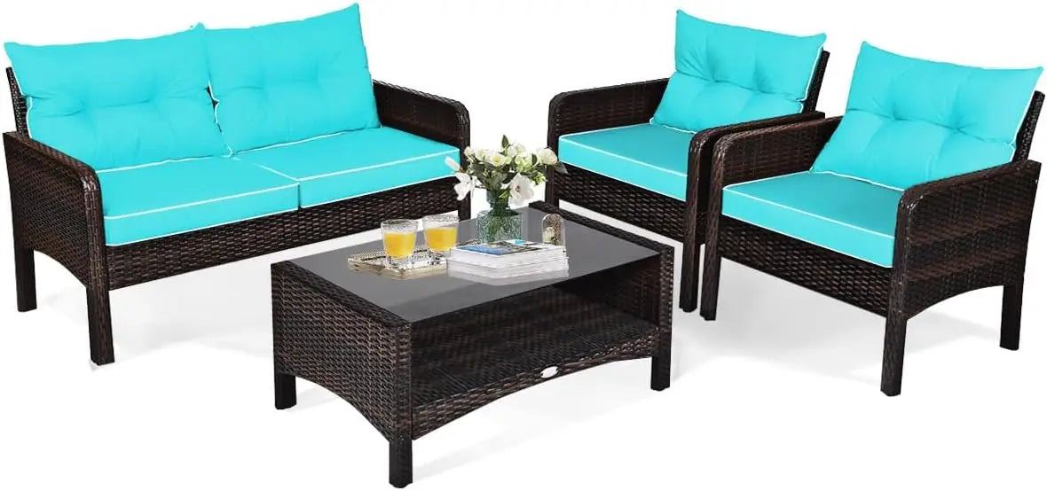 4 Pieces Rattan Patio Conversation Set with Chairs Loveseat Cushions and Glass Top Coffee Table