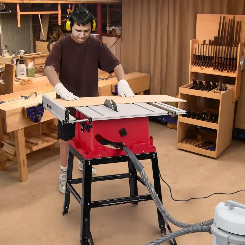 Table Saw 10 Inch, 15A Multifunctional Saw with Stand & Push Stick, 90° Cross Cut & 0-45° Bevel Cut, 5000RPM