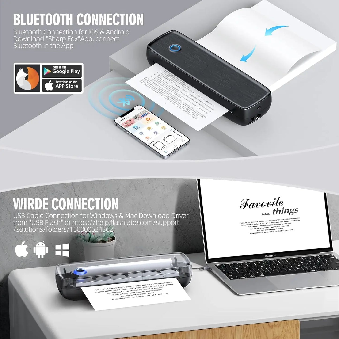 Portable Wireless Bluetooth Thermal Inkless Printer - Support US Letter &Legal, Thermal Paper, Compatible with iOS, Android&Lapt