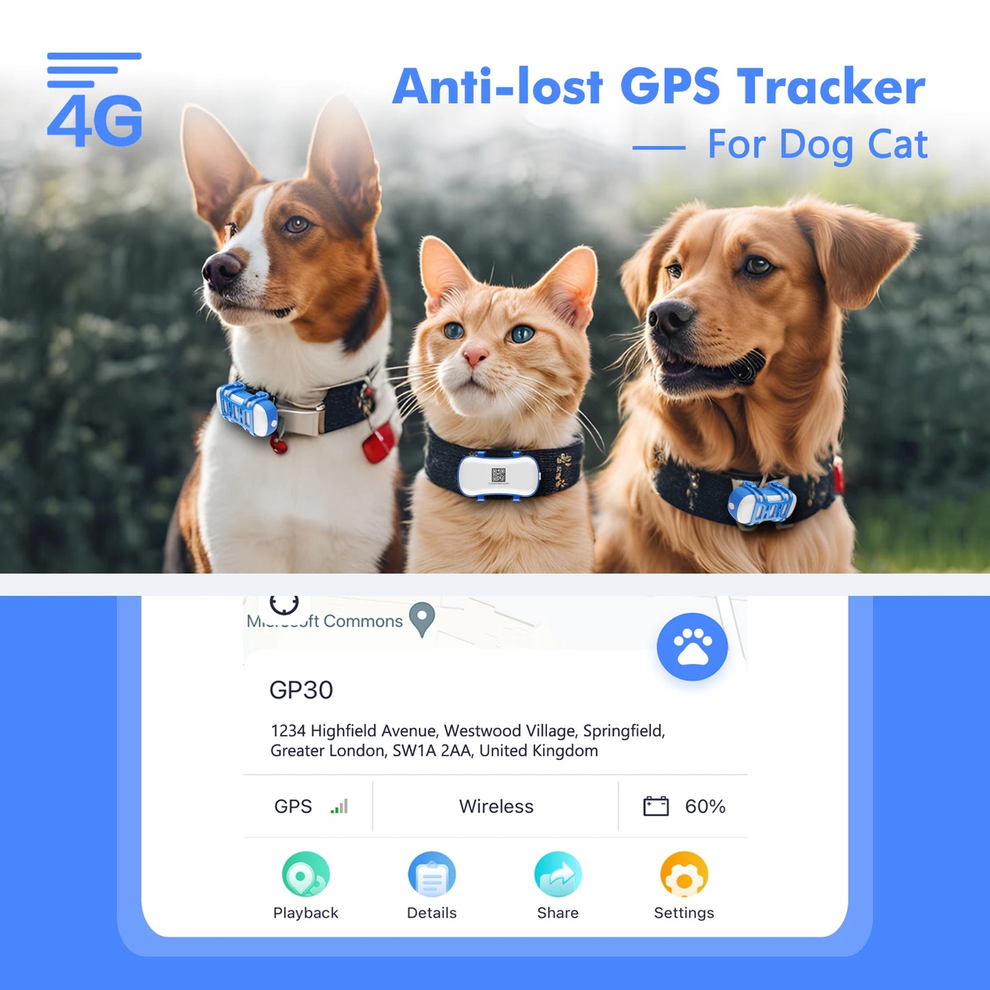 ‌4G Dog Cat GPS Tracker for Pets Waterproof Locator with App Live Tracking Light Sound Search Free Trial