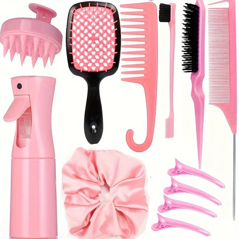 Hair Styling & Care Set  Detangling Brushes, Teasing Comb, Rat Tail, Edge Control, Silicone Scalp Massager, Shampoo Brush For Al