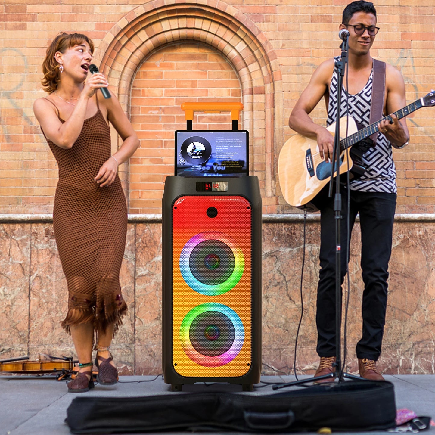 FanFun Large Bluetooth Speaker, Wireless Speaker with Wheels and Trolley Bar, Karaoke Machine with 2 Microphone, Karaoke Speaker
