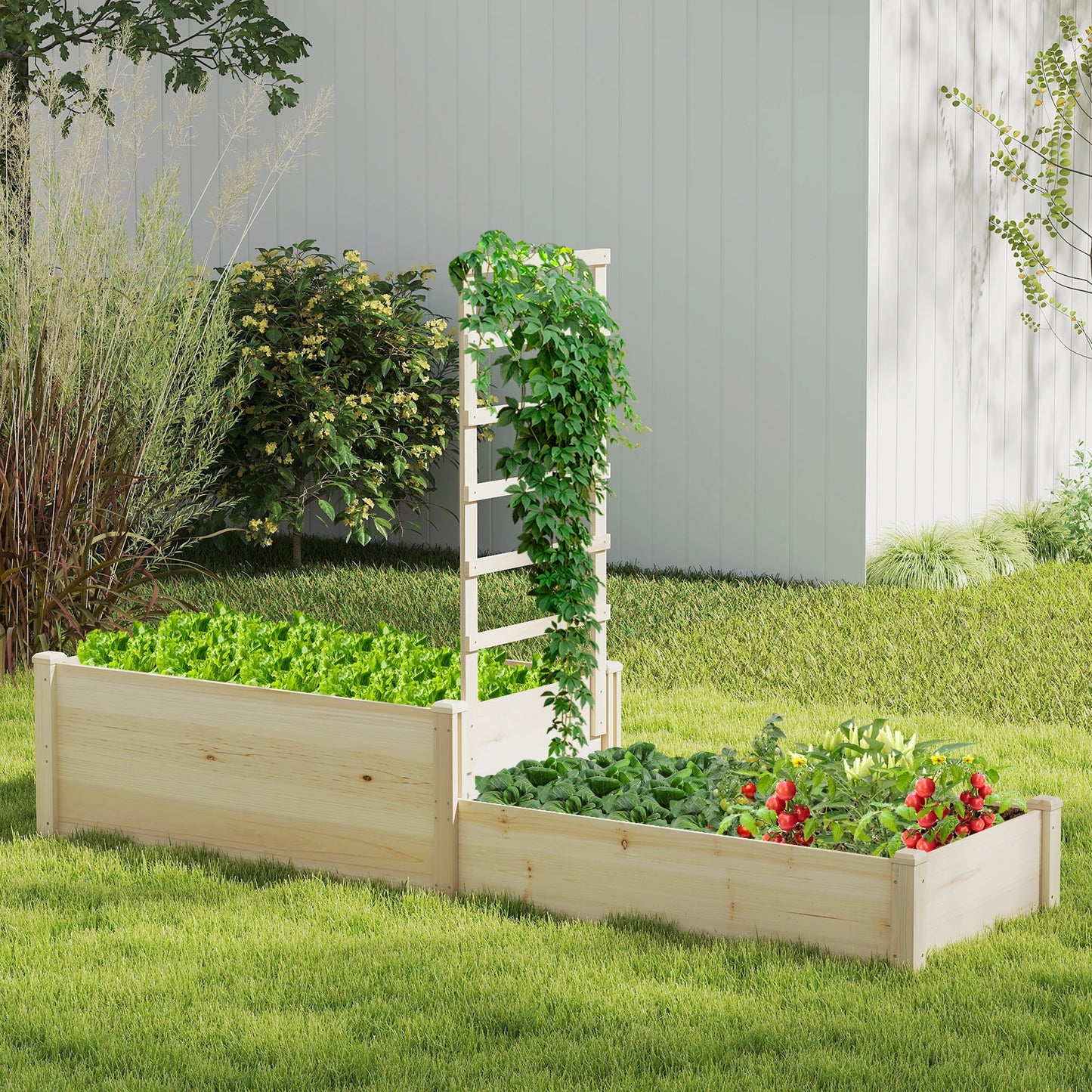 87 Inch Raised Garden Bed with Trellis and Two Planter Boxes Open Ended Base for Patio