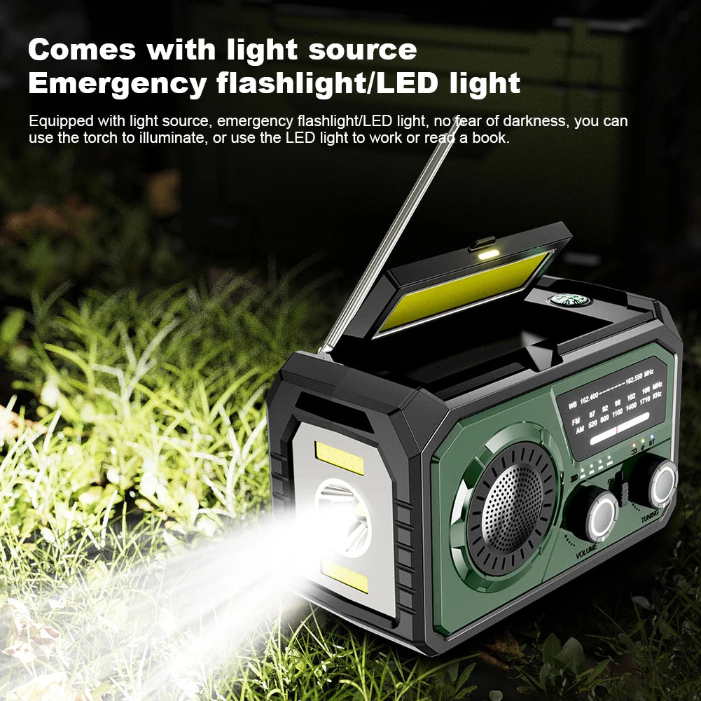 Emergency Weather Radio Bluetooth 5.3 Speaker Hand Crank/Solar/Type-C AM/FM/WB NOAA LED Flashlight 16000mAh Reading Lamp