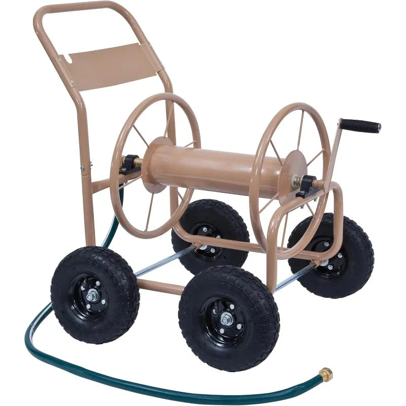 Industrial 4 Wheel 300 Foot of 0.625 Inch Hose Steel Frame Water Hose Reel Cart for Backyard, Garden, or Lawn, Beige