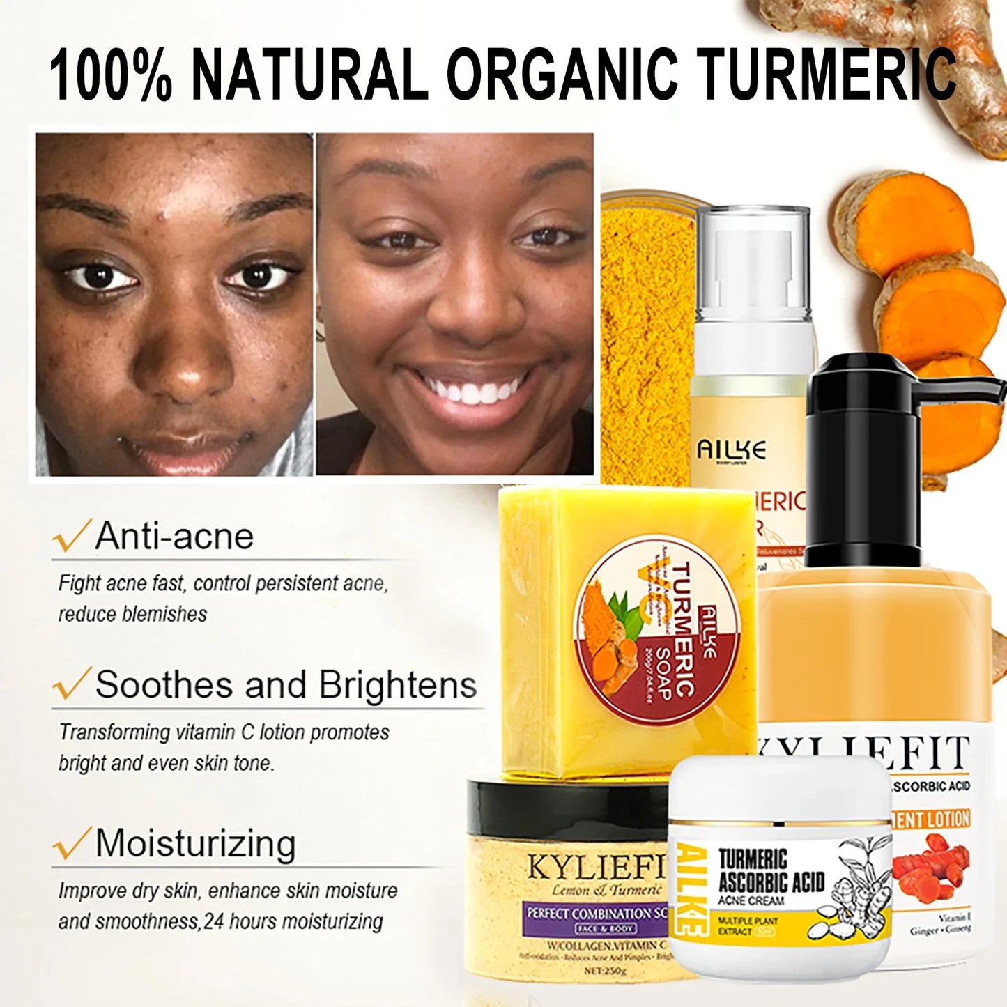 Organic Turmeric Skin Care Kit Brighten Remove Darkness Lighten Hydrate Exfoliate Even Skin Tone for Private Label