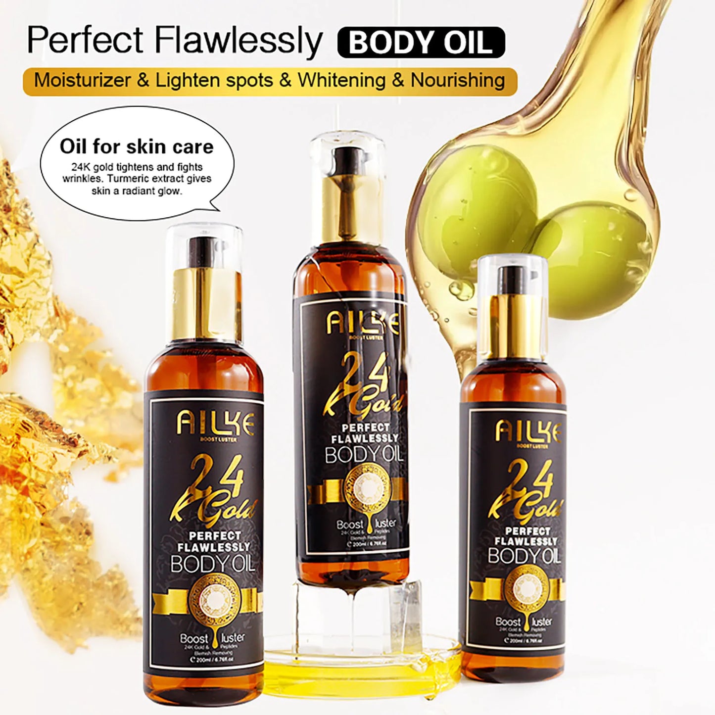 AILKE 24K Glod Flawlessly Skin Care Range, Skin Whitener, Reduce Dark Spots, Melanin, Wrinkles, Moisturize, For Women & Men