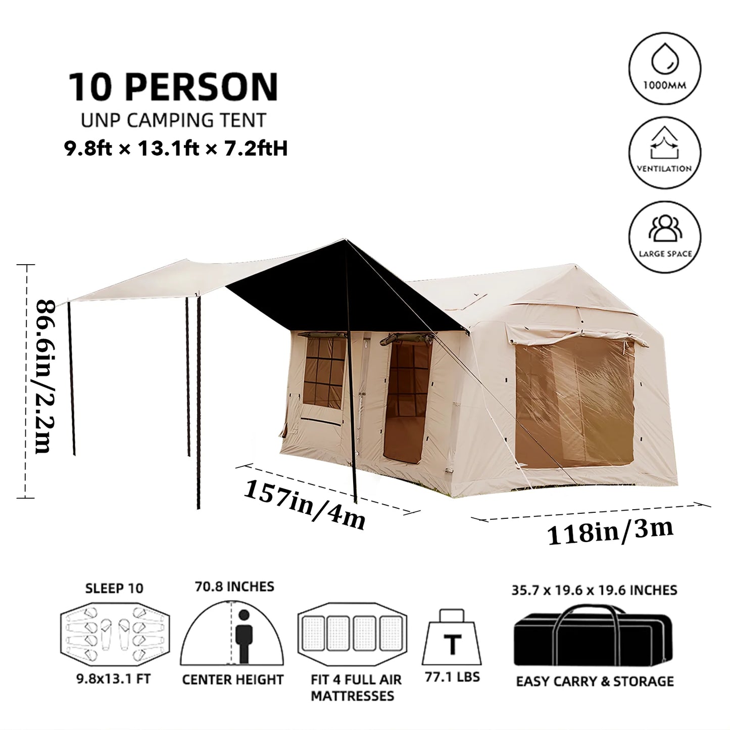 135 Square Feet Inflatable Tent With Blackout Canopy 4 Season Glamping Tent Blow Up Tent For Camping Air Tent Outdoor Camping