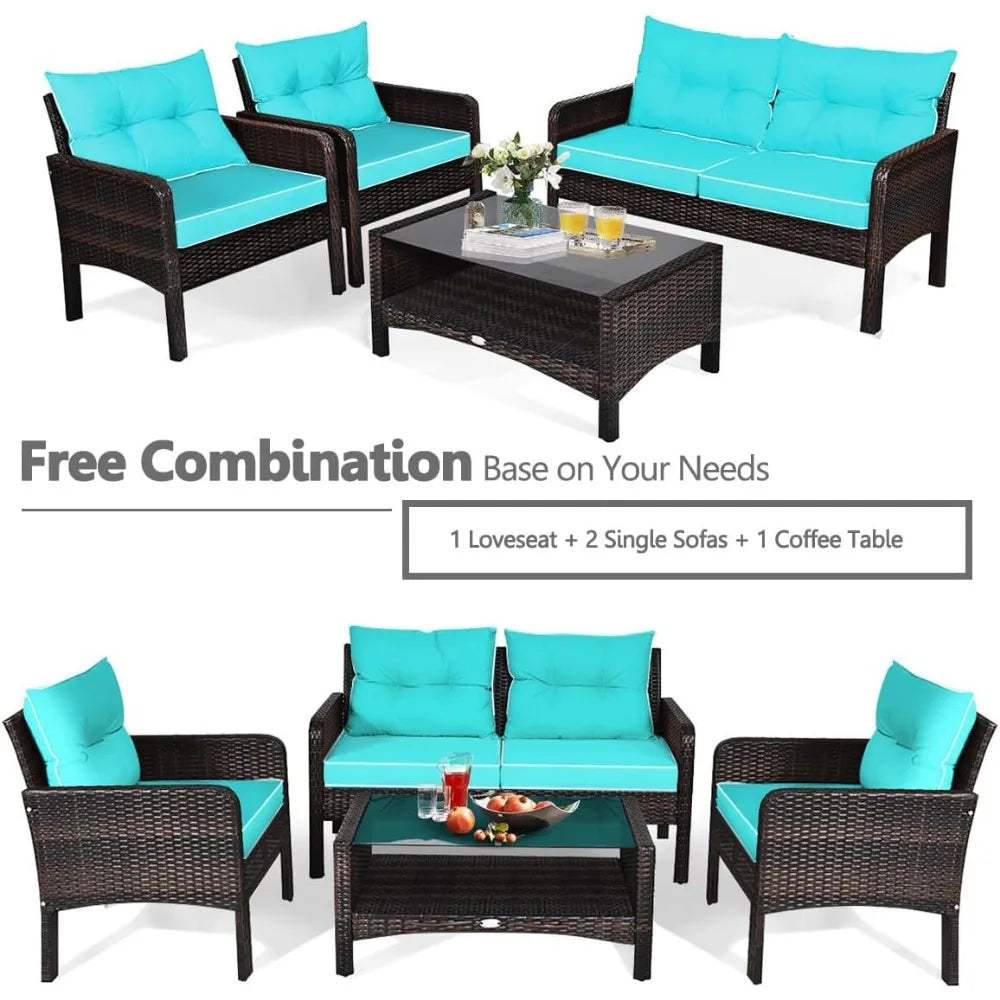 4 Pieces Rattan Patio Conversation Set with Chairs Loveseat Cushions and Glass Top Coffee Table