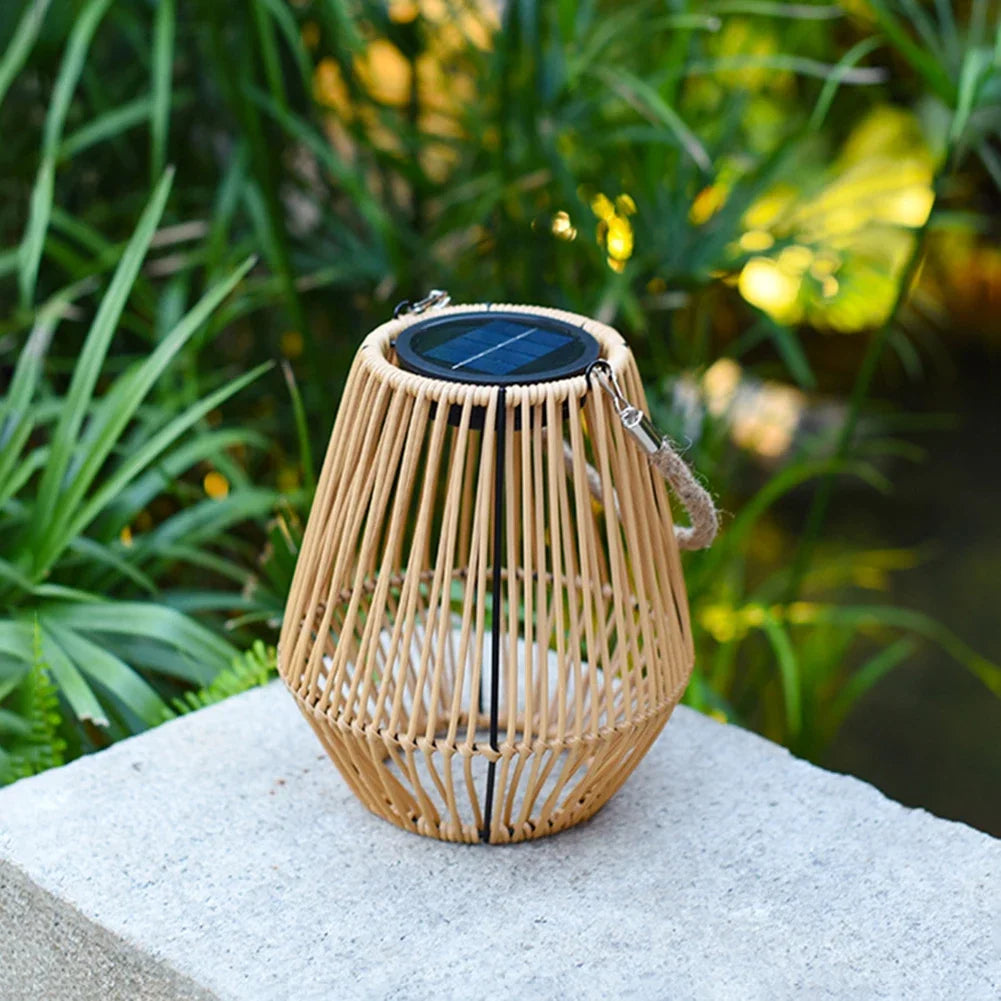Outside Big Rattan Solar Light IP65 Waterproof Hanging/Standing Retro Rattan Solar Light with Handle for Garden Yard Patio Porch