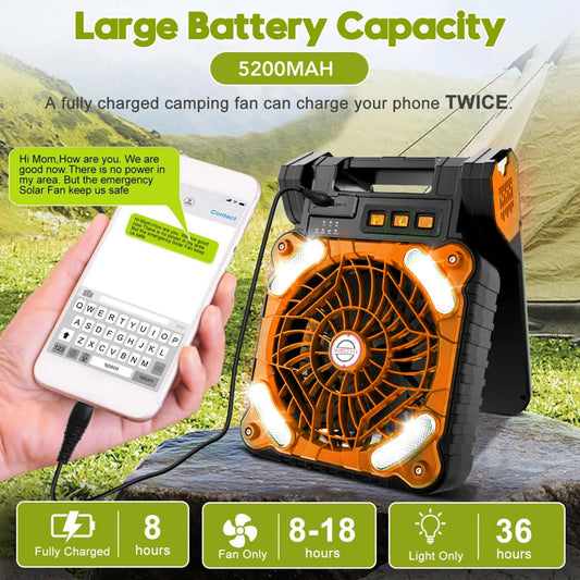 Solar Camping Fan Type C Charging Solar Powered Fan Brushless Motor 4.5m/s Low Noise 4 Speed Adjustable for Outdoor Activities