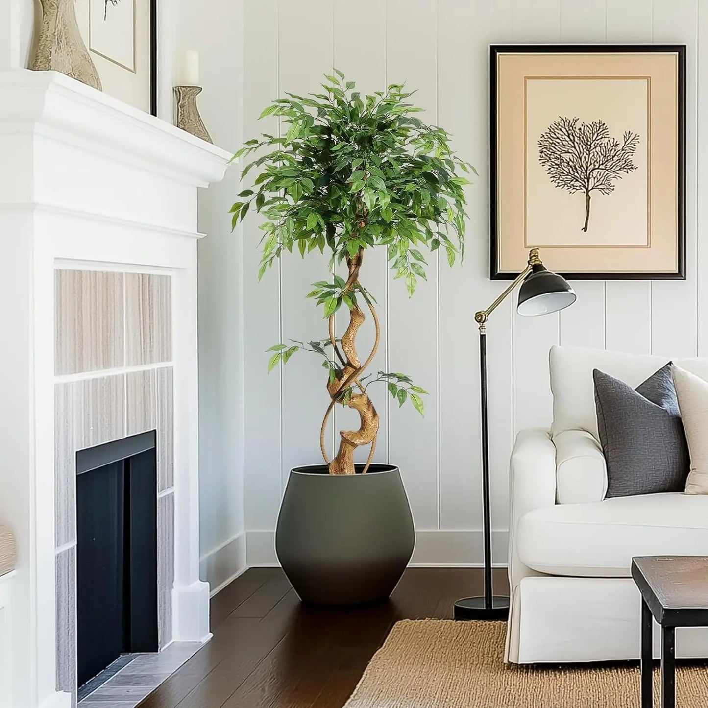 Ficus Artificial Tree with Curved Trunk Plant Fake Silk Trees with White Pot Ficus Tree for Home Decor, Artificial Plants Indoor