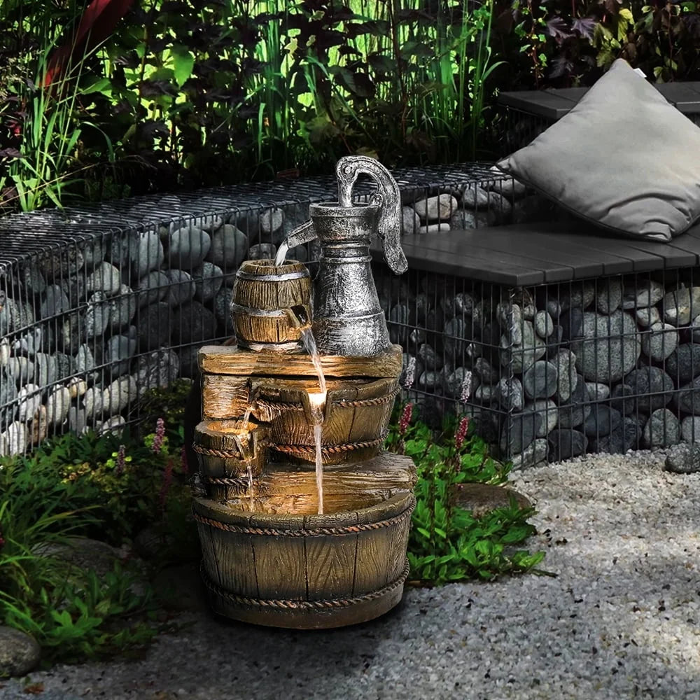 25.5 Inch 5 Tier Outdoor Fountain with LED Lights Rustic Barrel Design Water Feature Garden Patio Home Decor