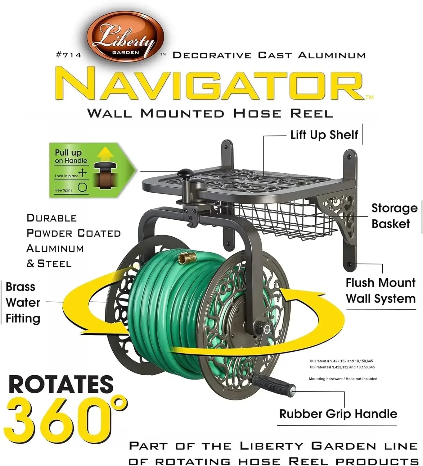 FREE SHIPPING. 714 Decorative Cast Aluminum Navigator Rotating Garden Hose Reel, Holds 125-Feet of 5/8-Inch Hose -