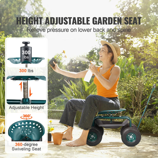 Garden Cart Rolling Workseat With Wheels 360 Swivel Seat
