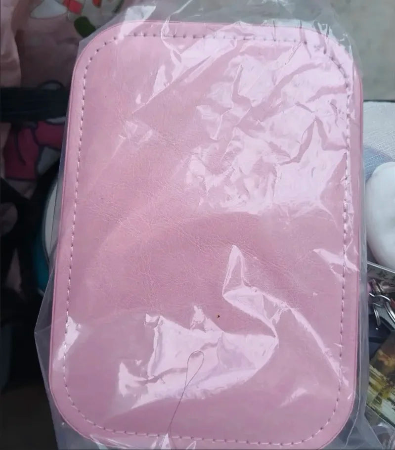 Portable USB Rechargeable LED Makeup Mirror, Pink Faux Leather Foldable Travel Cosmetic Organizer, Compact Beauty Case for Stude