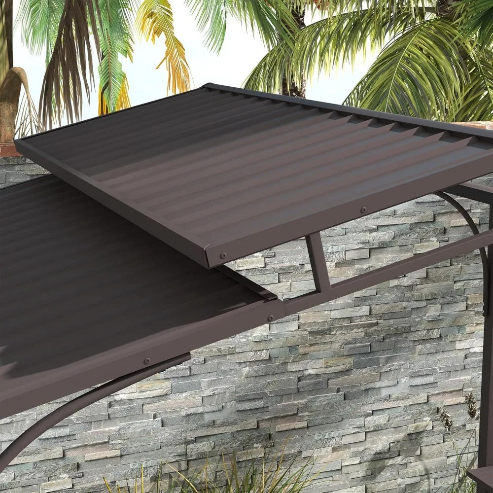 8'x5' BBQ Grill Gazebo with 2 Side Shelves, Outdoor Double Tiered Interlaced Polycarbonate Roof with Steel Frame, Brown