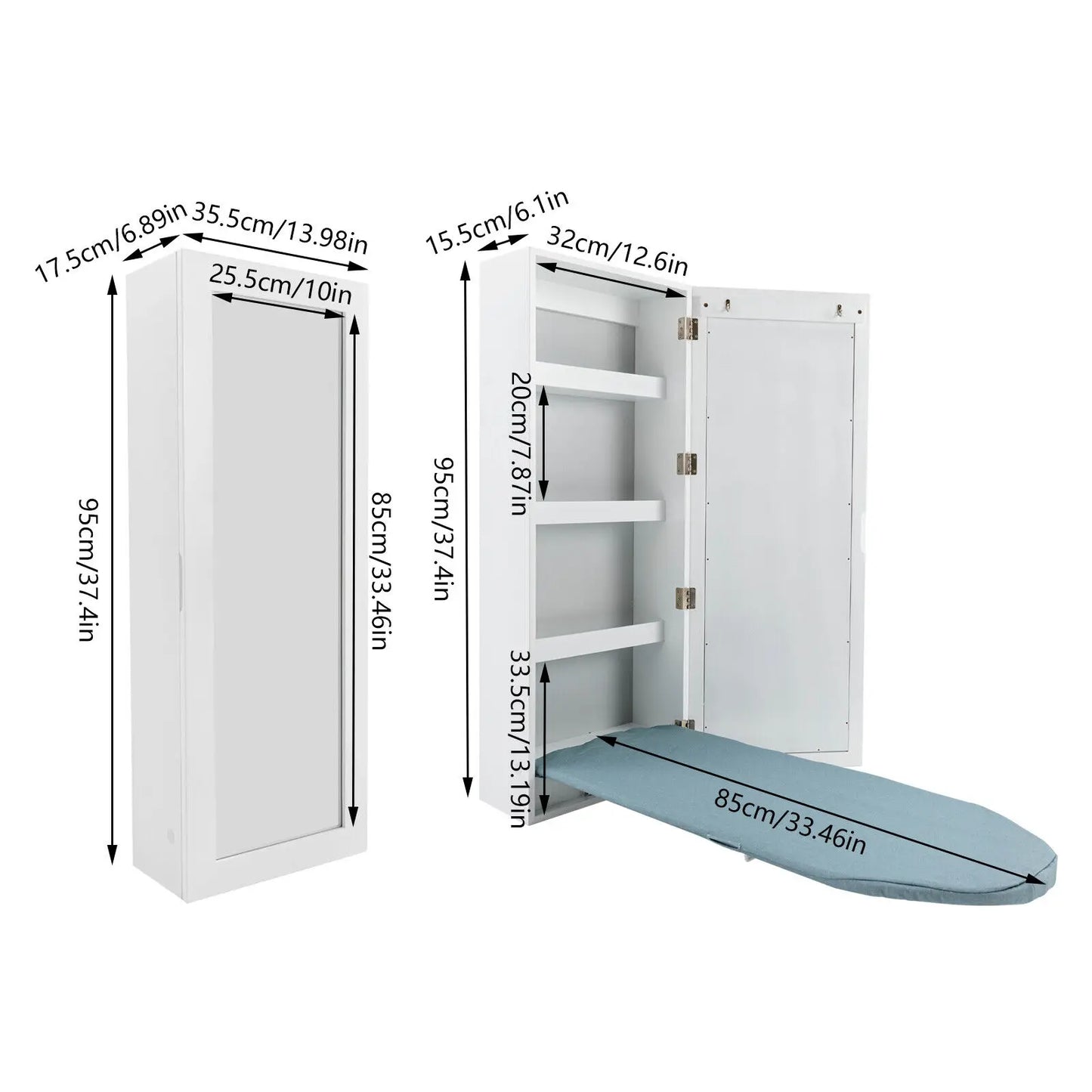 Household Hide Away Ironing Board Cabinet With 3 Tier Shelf & Mirror Wall Mount