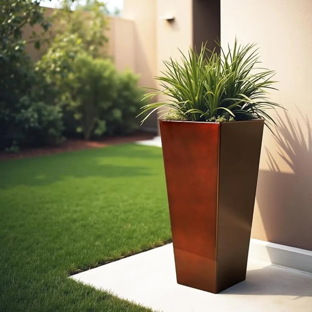 Worth Garden 28 Inch Large Red Glazed Metal Planter Set of 2