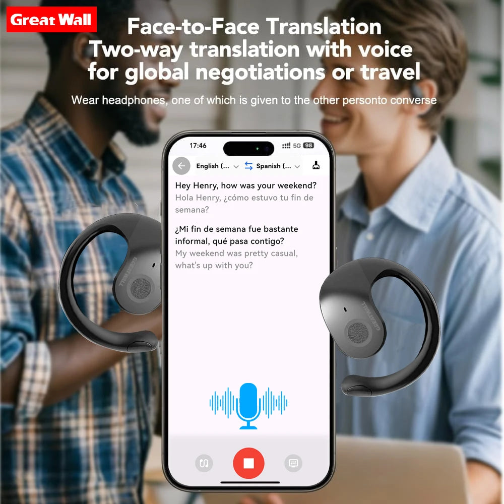 GreatWall AI Real-Time Translation Wireless Bluetooth Earphones Supporting Over 100 Voice Languages