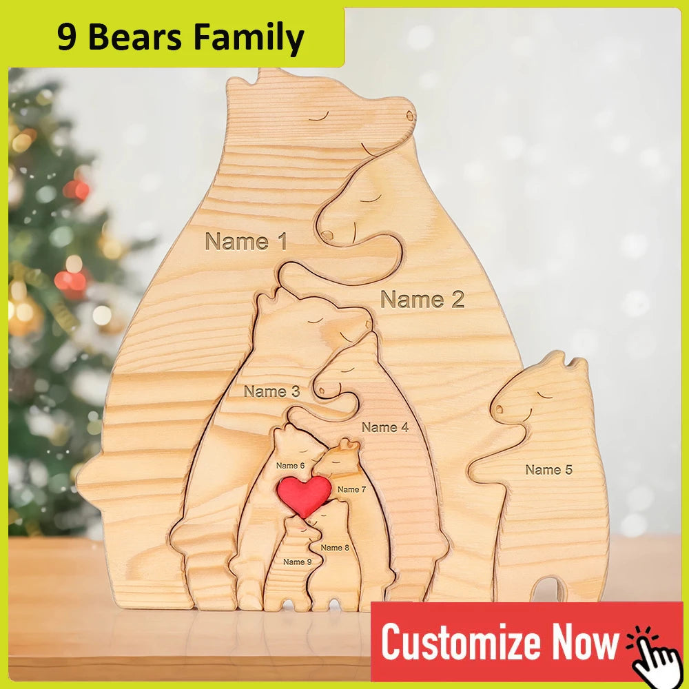 Personalized Custom Bear Family Wooden Puzzle DIY Free Engraving Name Sculpture Home Desk Decor Figurines Christmas Birthday Gift