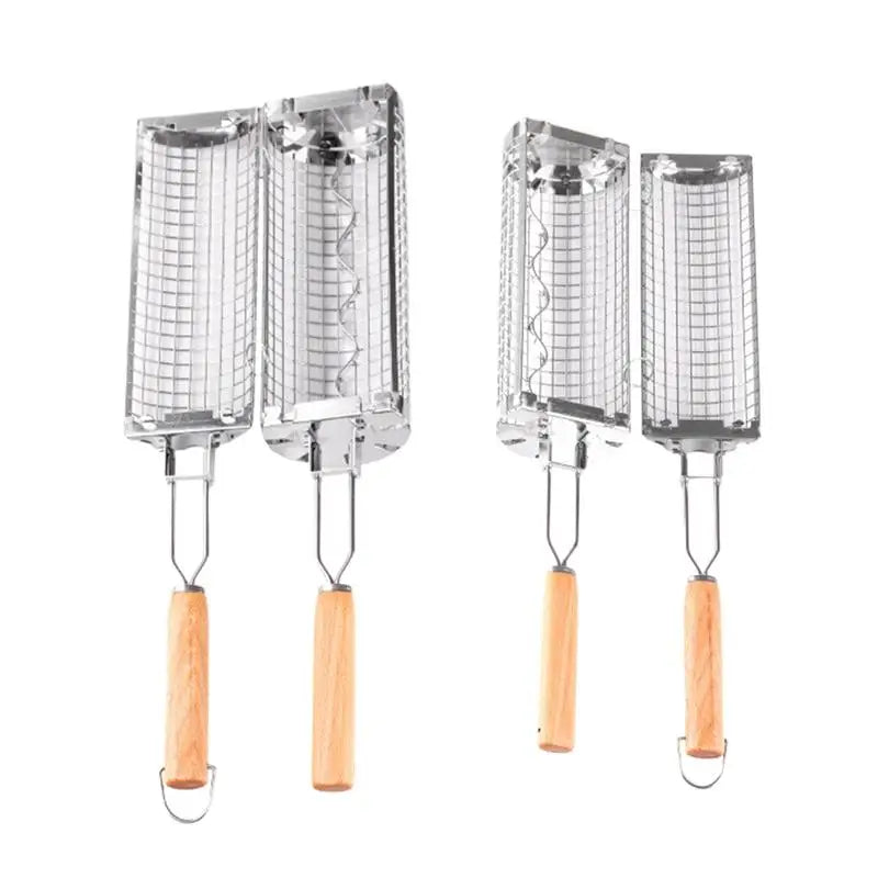 Stainless Steel Barbecue Cages Portable Grill Basket Camping Cookware Outdoor Round BBQ Campfire Grid Rolling Grill Basket