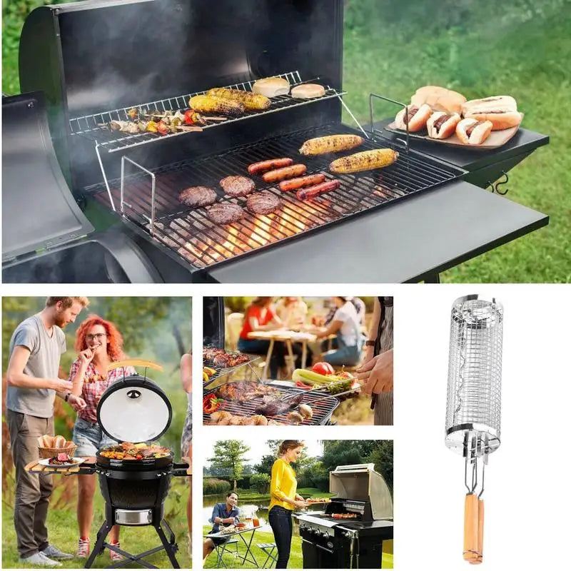 Stainless Steel Barbecue Cages Portable Grill Basket Camping Cookware Outdoor Round BBQ Campfire Grid Rolling Grill Basket