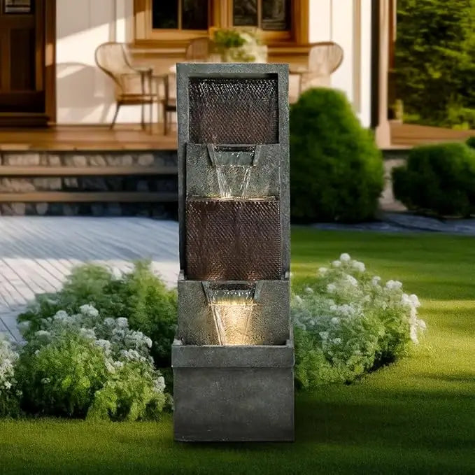 Outdoor Garden Water Fountain-Indoor Polyresin Waterfall Floor-Standing Fountains with LED Lights for Garden, Outdoor Fountain