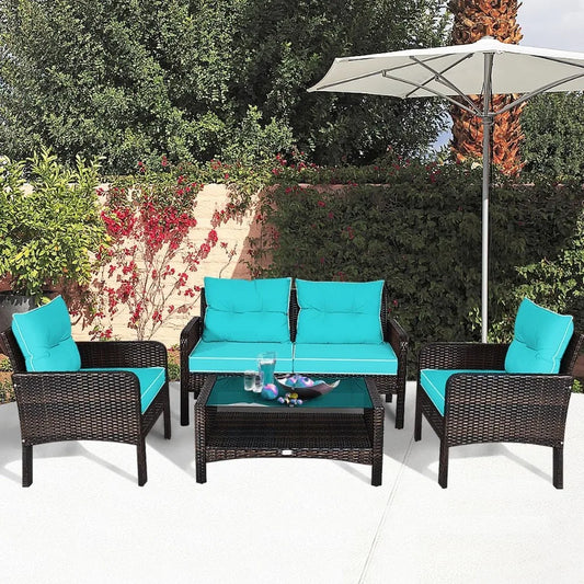 4 Pieces Rattan Patio Conversation Set with Chairs Loveseat Cushions and Glass Top Coffee Table