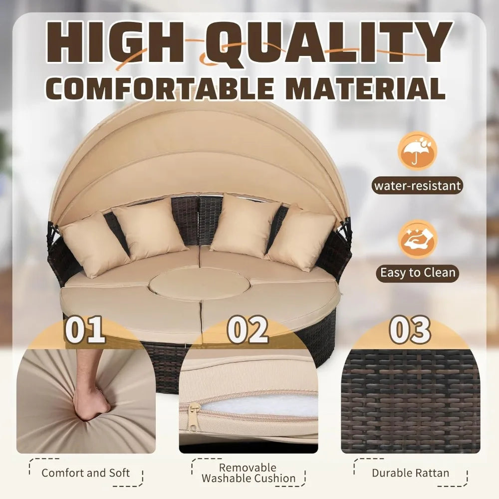 Garden Sofa Bed W/Washable Cushions, Sofa Bed Round Daybed W/Clamshell Sectional Seating Wicker Furniture & Retractable Canopy