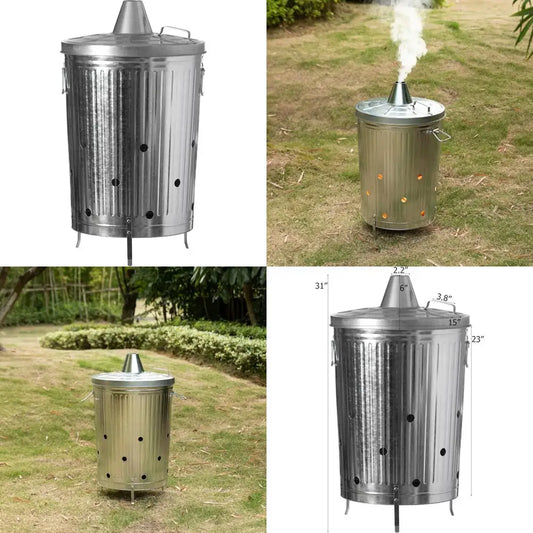 Silver Outdoor Galvanized Metal Garden Incinerator Can