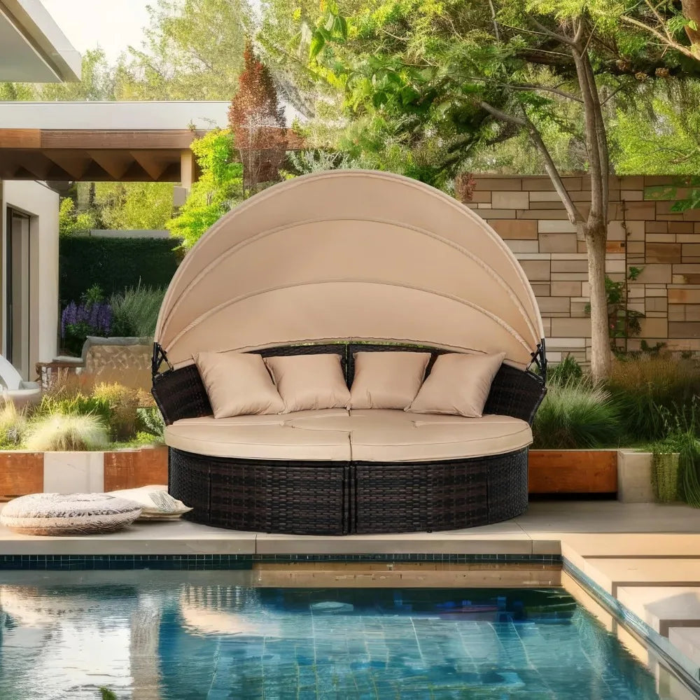 Garden Sofa Bed W/Washable Cushions, Sofa Bed Round Daybed W/Clamshell Sectional Seating Wicker Furniture & Retractable Canopy