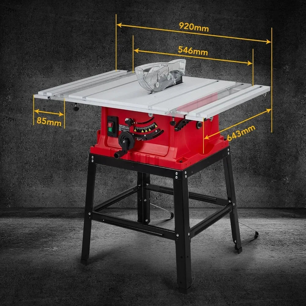 Table Saw 10 Inch, 15A Multifunctional Saw with Stand & Push Stick, 90° Cross Cut & 0-45° Bevel Cut, 5000RPM