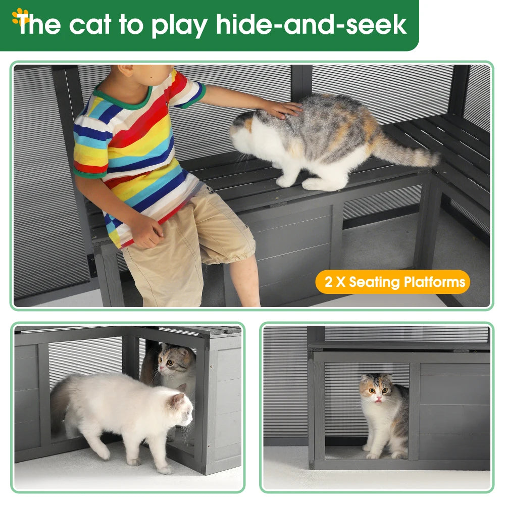 Luxury Outdoor Wooden Cat Catio Enclosure with Walk-In House and Play Features for Multiple Pets