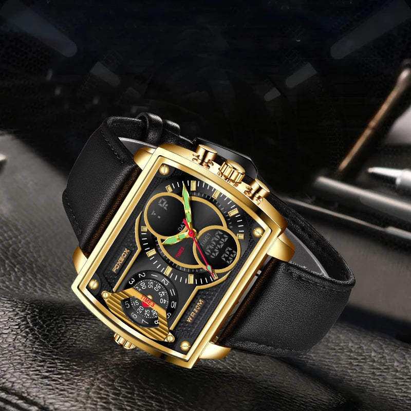 LIGE Digital Mens Square Military Watch Leather Band