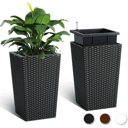 Outdoor Planters 16" Tall Flowers Plant Pots Set of 2 with Tray, Wicker Design & Water Level Gauge Indoor/Outdoor Garden Decor