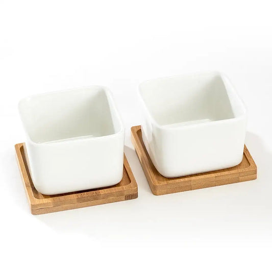 Two White Ceramic Pots With Bamboo Saucers For Succulents