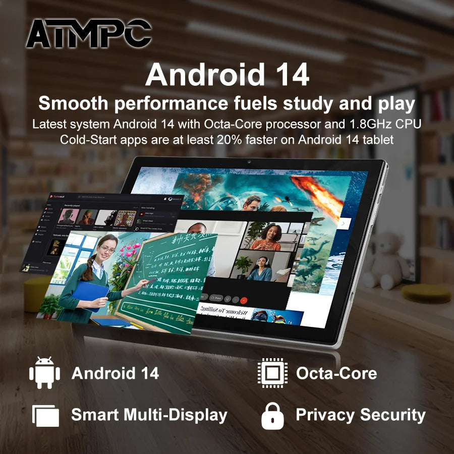 ATMPC 10.1 Inch Android 14, 12GB RAM, 128GB ROM, Octa-Core, BT 5.4, WIFI 6, With Keyboard, Mouse, Case, Stylus 2 In 1 Tablet PC