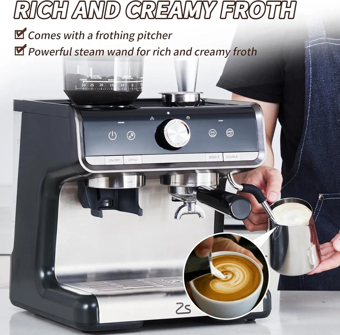 Espresso Machine With Grinder 20 Bar Steam Frother 1450W