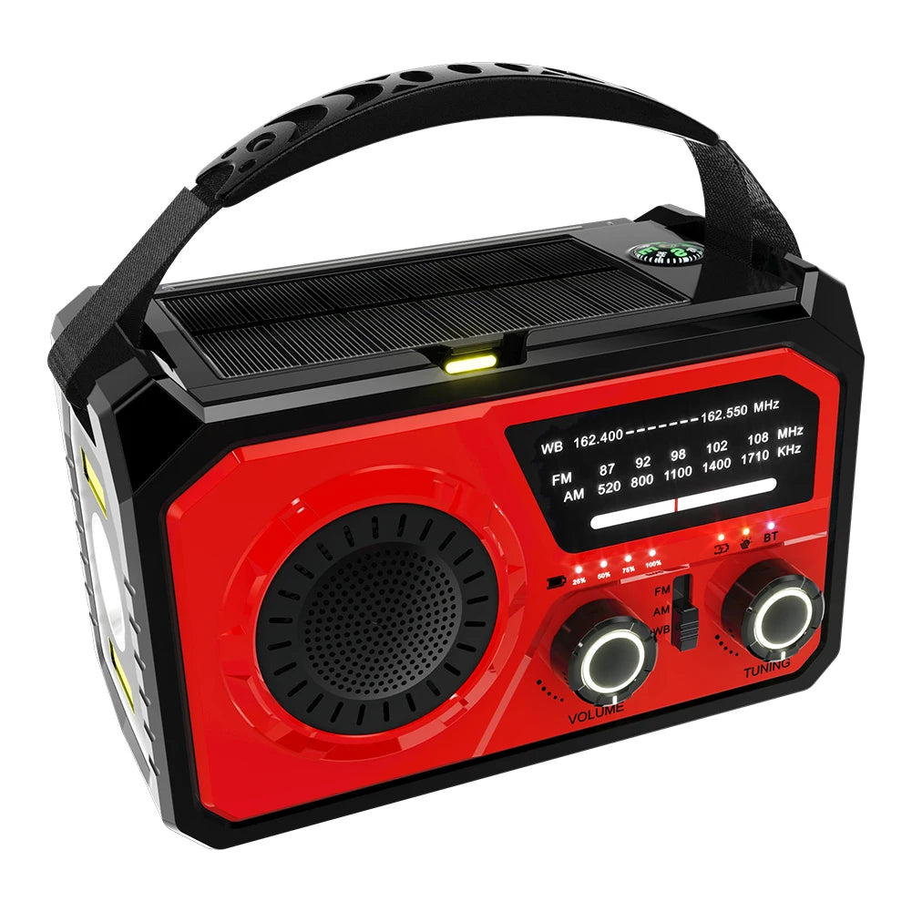 Emergency Weather Radio Bluetooth 5.3 Speaker Hand Crank/Solar/Type-C AM/FM/WB NOAA LED Flashlight 16000mAh Reading Lamp