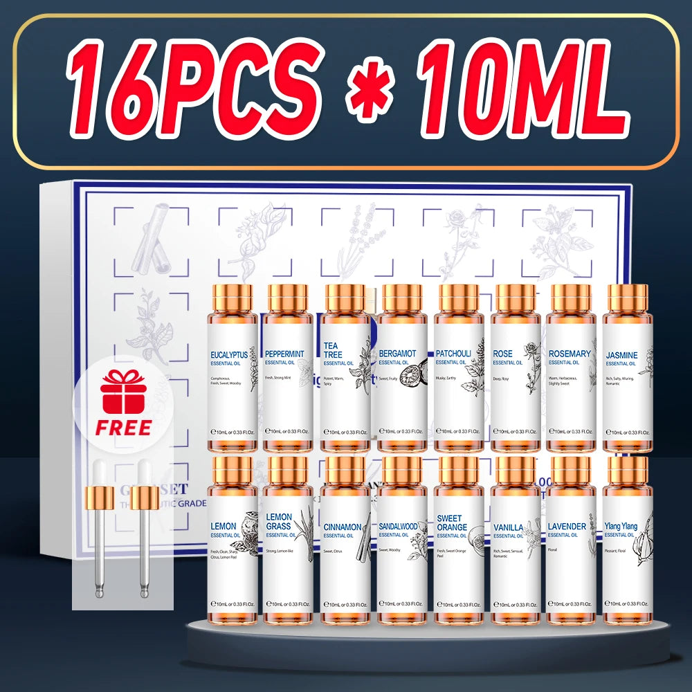 HIQILI 16 PCS 10ML Essential Oils Set Pure Lavender Eucalyptus Vanilla Jasmine Mint Rose for Diffuser Humidifier Candles
