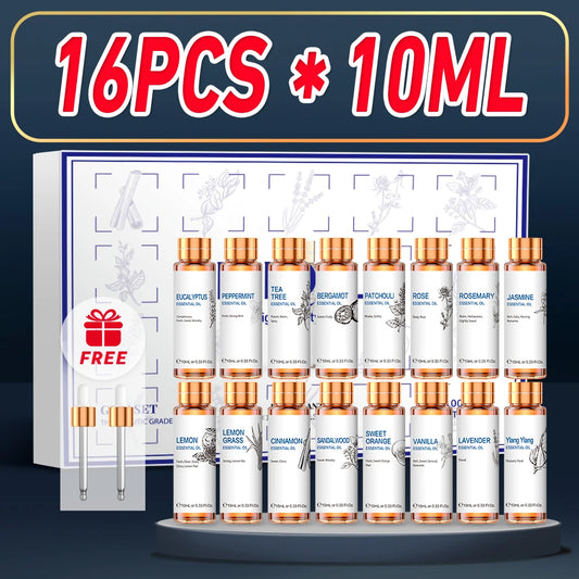 HIQILI 16 PCS 10ML Essential Oils Set Pure Lavender Eucalyptus Vanilla Jasmine Mint Rose for Diffuser Humidifier Candles