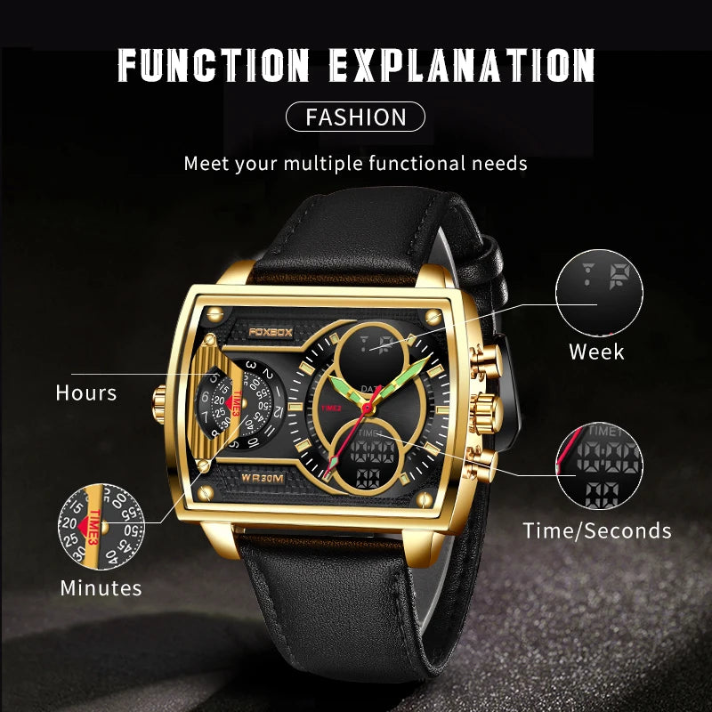 LIGE Digital Mens Square Military Watch Leather Band