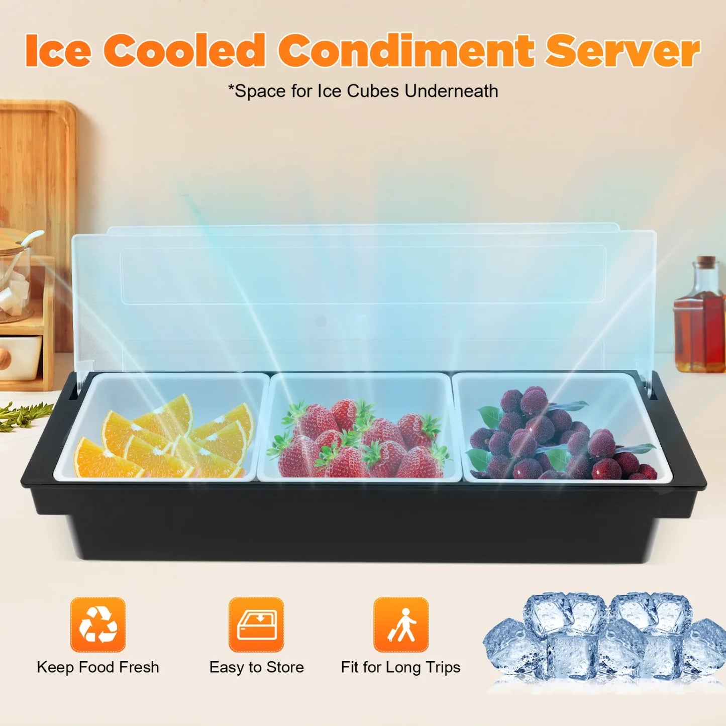 Compartments Condiment Dispenser, Chilled Server Food Tray Salad Bar, Condiment Tray Bar Caddy for Home Work or Restaurant Salad