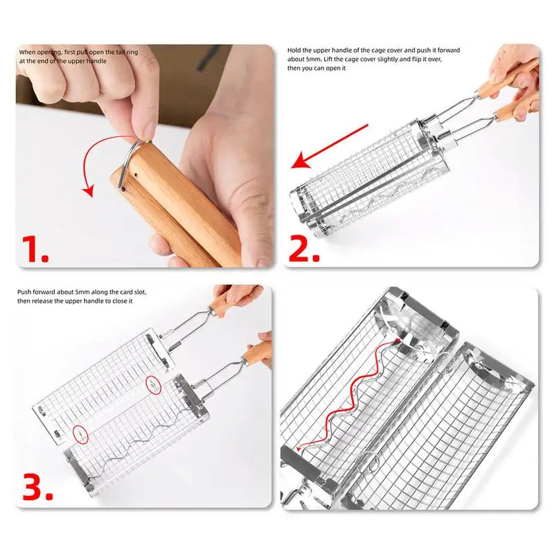 Stainless Steel Barbecue Cages Portable Grill Basket Camping Cookware Outdoor Round BBQ Campfire Grid Rolling Grill Basket