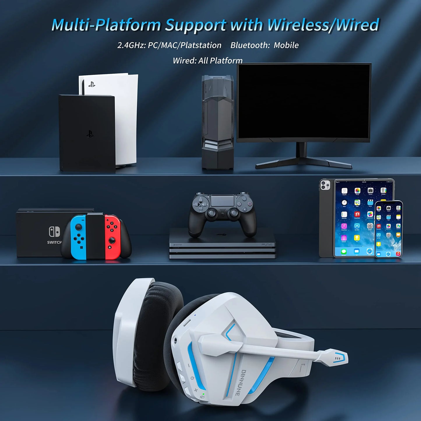 Binnune BW01 Wireless Gaming Headset with Microphone for PC PS4 PS5 2.4G Bluetooth USB Gamer Headphones with Mic for Laptop Computer