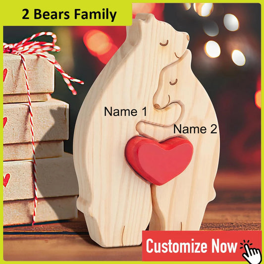 Personalized Custom Bear Family Wooden Puzzle DIY Free Engraving Name Sculpture Home Desk Decor Figurines Christmas Birthday Gift