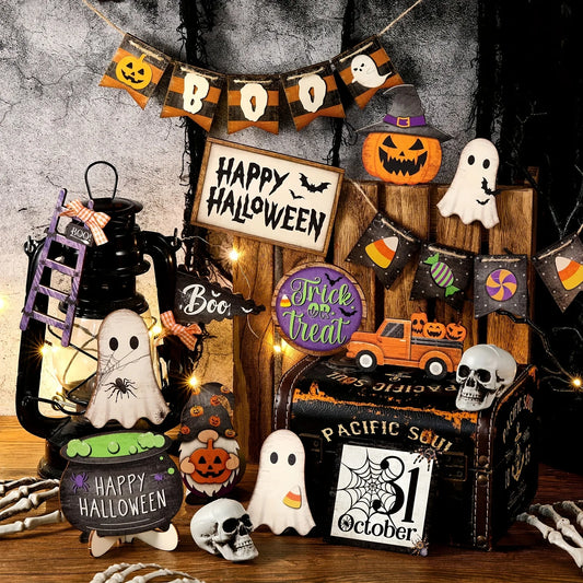 21 Piece Halloween Tiered Tray Decor Set Rustic Wood Signs